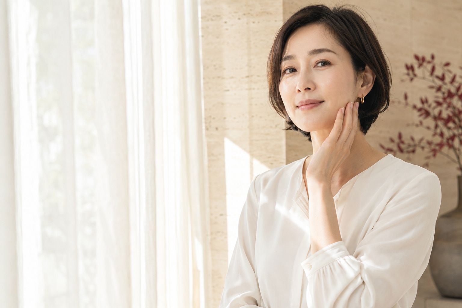 明るい室内で頬に手を添える女性